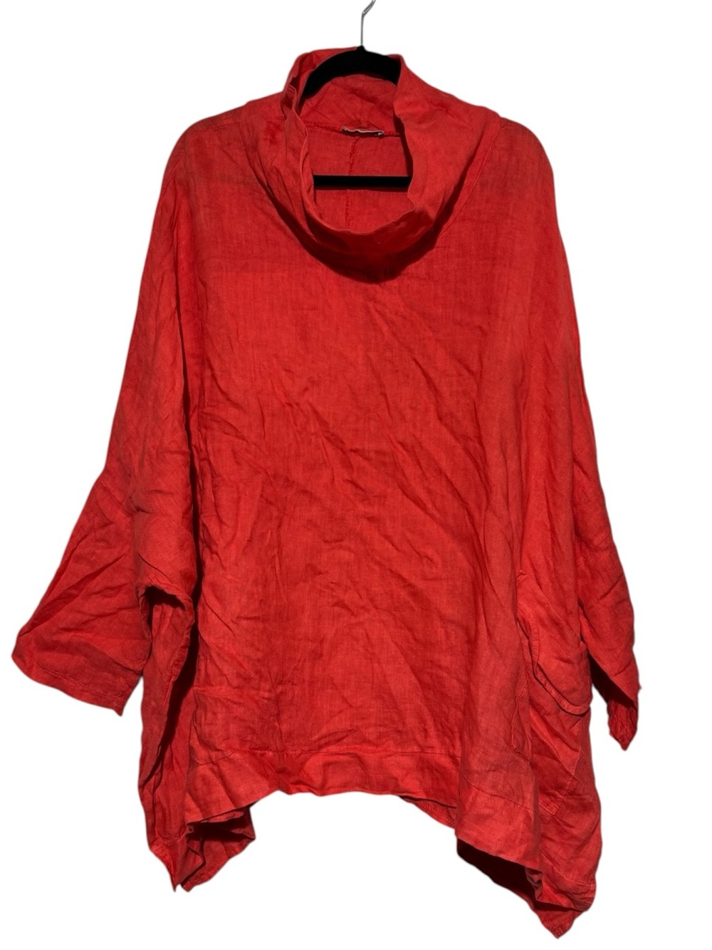100% Pure Linen Poncho Top OS Coral Funnel Neck Lagenlook Flowy Boho Resort